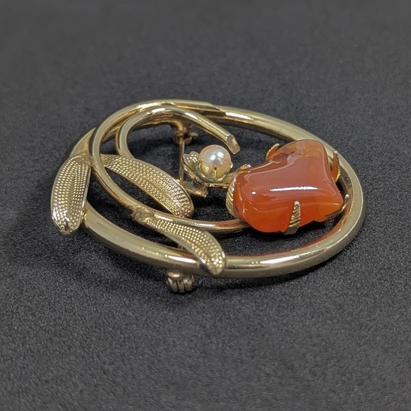 Vintage Artisan Freeform Heart Carnelian & Cultured Pearl Brooch 1 7/8" Gold Ton - Picture 3 of 5